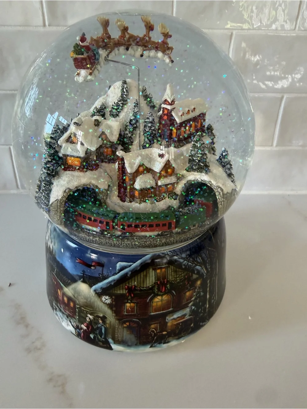 Festive Snow Globe Holiday Village with Train - White & Red